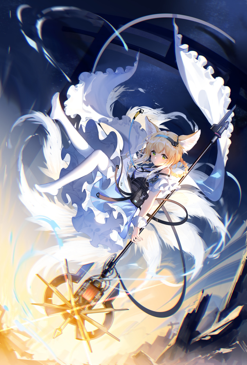 animal_ear_fluff animal_ears aqua_hairband arknights blonde_hair blue_hairband earpiece feet female fox_ears fox_girl fox_tail gloves green_eyes hair_rings hairband highres holding holding_staff kitsune kyuubi medium_hair multiple_tails no_shoes single_glove single_wrist_cuff soles staff stairs stone_stairs suzuran_(arknights) tail white_legwear wrist_cuffs yu_jiu