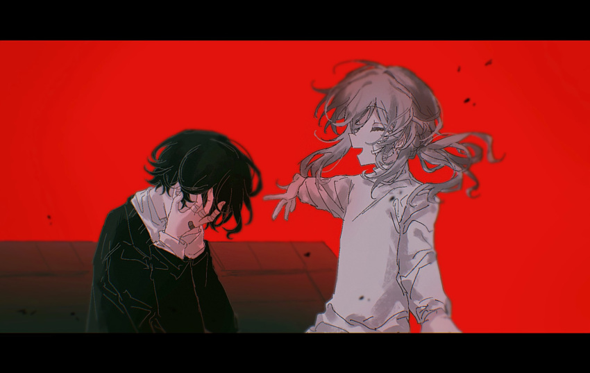 2boys bandaged_fingers bandages bandaid bandaid_on_cheek bandaid_on_face bandaid_on_hand black_hair black_sweater charles_eyler closed_eyes covering_face facing_another grey_hair hello_charlotte highres long_sleeves male_focus monaka78289685 multiple_boys open_mouth ponytail red_background rooftop shirt smile sweater vincent_wordsworth white_shirt