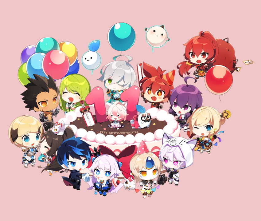 +_+ add_(elsword) ainchase_ishmael aisha_landar anniversary ara_haan bag balloon cake chibi chilling_hedgehog_(elsword) chung_seiker ciel_(elsword) doll elesis_(elsword) elsword elsword_(character) eun_(elsword) eve_(elsword) everyone expressionless food hat laby_(elsword) luciela_r._sourcream moby_(elsword) official_art one_eye_closed party_hat phoru_(elsword) photoshop_(medium) raven_cronwell remy_(elsword) rena_erindel ribbon rose_(elsword) smile source_request sweat tears