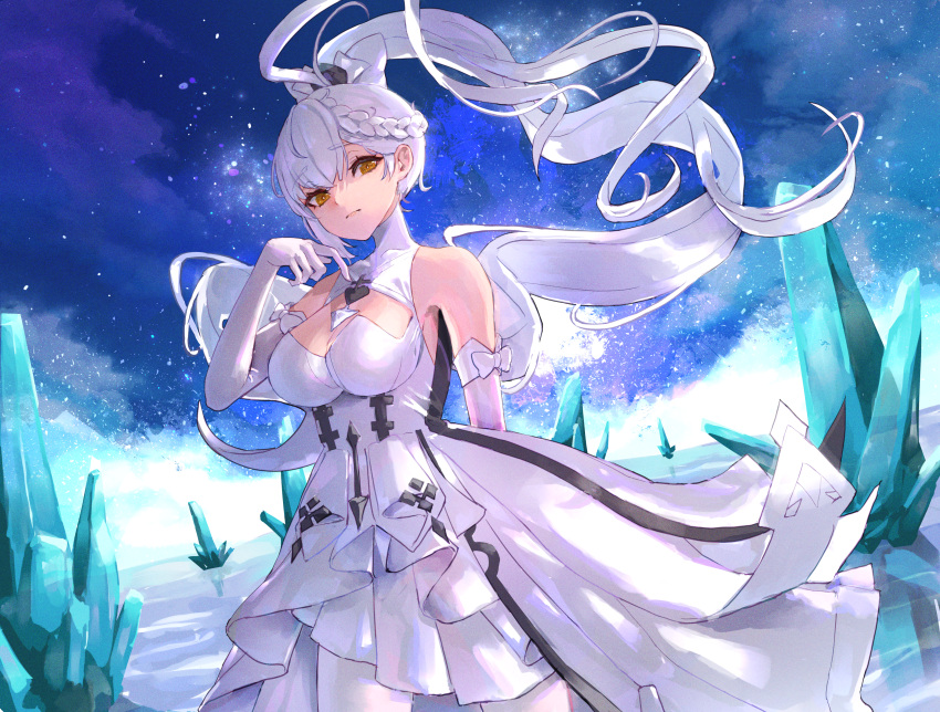 absurdres bare_shoulders braid breasts brown_eyes crystal dress elbow_gloves female gloves hair_between_eyes highres ice_crystal large_breasts long_hair looking_at_viewer night night_sky official_alternate_costume ponytail r1n54234459 saki_fuwa_(tower_of_fantasy) sky solo star_(sky) starry_sky tower_of_fantasy very_long_hair white_dress white_gloves white_hair