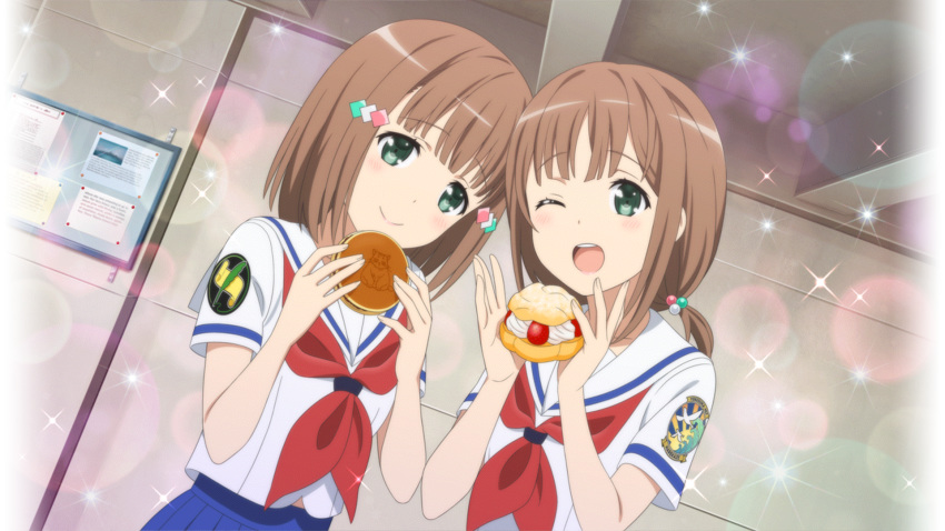 2girls bad_link blush brown_hair dorayaki food game_cg green_eyes hair_bobbles hair_ornament hairclip high_school_fleet highres kinesaki_akane kinesaki_homare looking_at_viewer multiple_girls official_art one_eye_closed open_mouth school_uniform short_hair siblings sparkle sweets third-party_source twins wagashi yokosuka_girls_marine_high_school_uniform