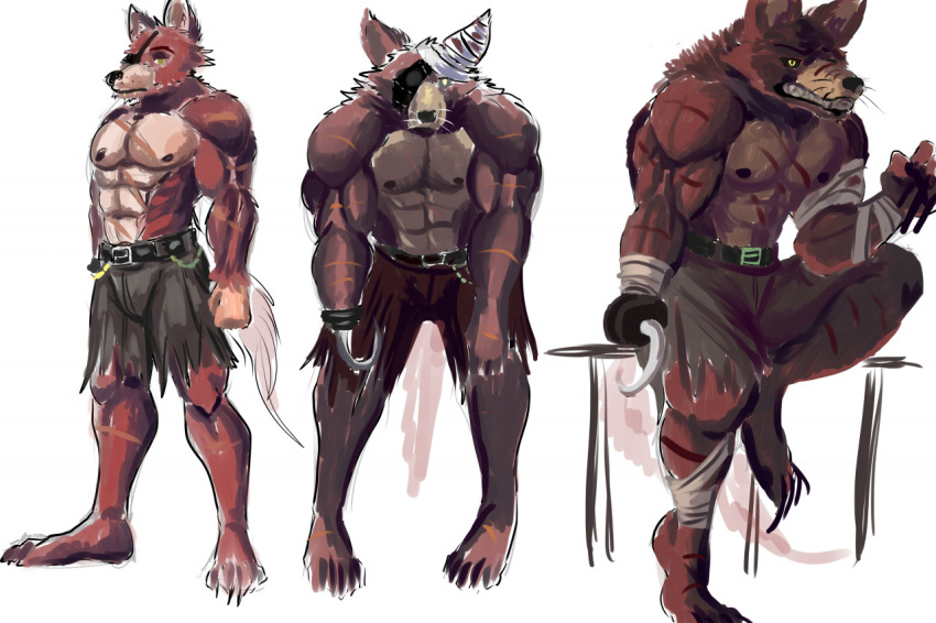 2021 abs anthro belt biceps big_muscles biped black_sclera bottomwear canid canine chains claws clothed clothing cybernetic_ear cybernetics digital_media_(artwork) digital_painting_(artwork) eye_patch eyewear finger_claws five_nights_at_freddy's five_nights_at_freddy's_2 five_nights_at_freddy's_4 fox foxy_(fnaf) fur grey_sclera group hook hook_hand leaning leaning_forward looking_at_viewer machine male mammal muscular muscular_anthro muscular_male nightmare_foxy_(fnaf) nipples pecs pinumontbalou pose red_body red_fur scar scottgames shorts simple_background standing tan_body tan_fur teeth toe_claws topless trio whiskers white_background withered_foxy_(fnaf) yellow_eyes