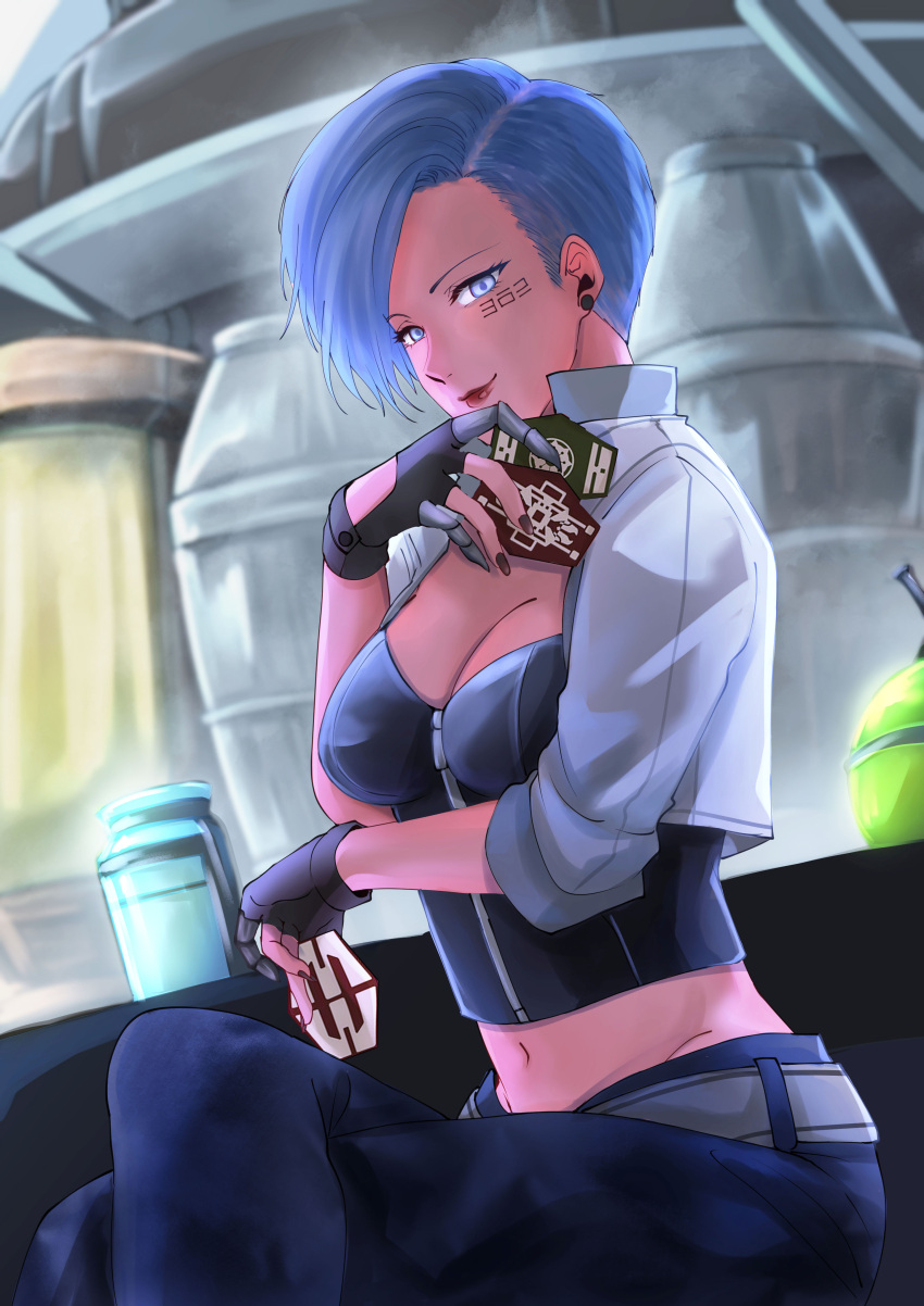 1girls alien alien_girl alien_humanoid arm_under_breasts arrissa aurebesh bar bar_counter belly_button belly_exposed blue_eyes blue_hair cantina card cards clothed crossed_legs ear_holes ear_piercing earrings exposed_belly face_tattoo female fingerless_gloves fully_clothed leather_jacket looking_at_viewer original_character pink_skin playing_card playing_cards red_skin rindartist robotic_finger sabacc sidecut smile star_wars tattoo text zeltron