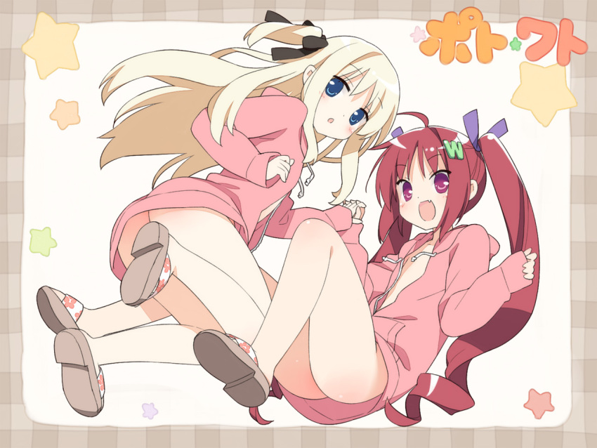 2girls :d :o ahoge ass bad_id bad_pixiv_id blonde_hair blue_eyes blush hair_ribbon hazuki_watora holding_hands hood hoodie jacket kani_biimu long_hair multiple_girls naked_hoodie no_panties oerba_yun_fang open_mouth original red_hair ribbon shimotsuki_potofu slippers smile twintails two_side_up