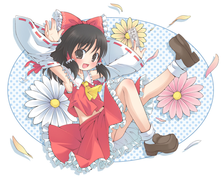 armpits ascot bad_id bad_pixiv_id bow brown_eyes brown_hair detached_sleeves female flower hair_tubes hairbow hakurei_reimu loafers midriff navel ofuda photoshop_(medium) red_bow red_skirt sarashi shoes skirt solo suizenji_juuzou touhou white_legwear