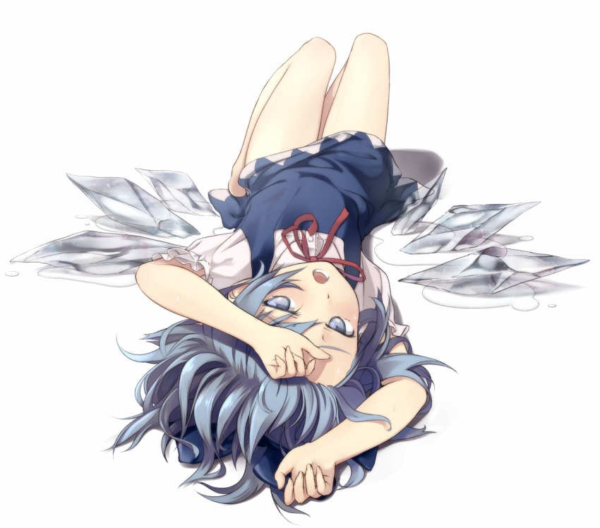 bare_legs barefoot blue_eyes blue_hair cirno commentary_request dress_shirt female full_body hand_on_forehead hot ice lying melting neck_ribbon on_back open_mouth red_ribbon ribbon shirt simple_background solo sweat touhou u_jie upside-down wings