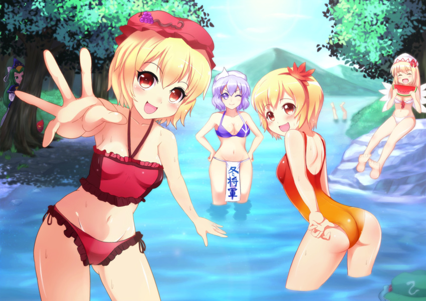 6+girls adjusting_clothes adjusting_swimsuit aki_minoriko aki_shizuha ass barefoot bikini blonde_hair blush bow breasts closed_eyes commentary_request food frilled_bikini frills fruit fundoshi grapes greave_(asterism) green_eyes green_hair groin hair_ornament hat inugami-ke_no_ichizoku_pose japanese_clothes kawashiro_nitori leaf leaf_hair_ornament leaf_on_head letty_whiterock light_purple_hair lily_white long_hair medium_breasts mima_(touhou) multiple_girls navel one-piece_swimsuit orange_one-piece_swimsuit parody partially_submerged peeking_out purple_eyes purple_hair red_eyes short_hair siblings side-tie_bikini_bottom sisters smile strapless swimsuit touhou touhou_(pc-98) translated tube_top upside-down wading water watermelon wings wizard_hat