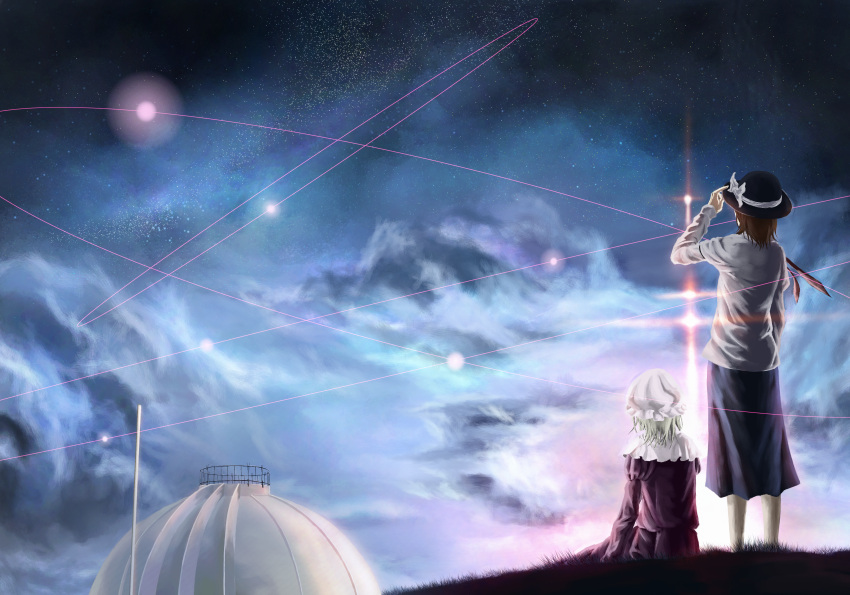 2girls akai_kitsune bad_id bad_pixiv_id blonde_hair brown_hair capelet cloud from_behind hat highres maribel_hearn multiple_girls night night_sky observatory_dome ribbon scenery sky star_(sky) starry_sky touhou usami_renko