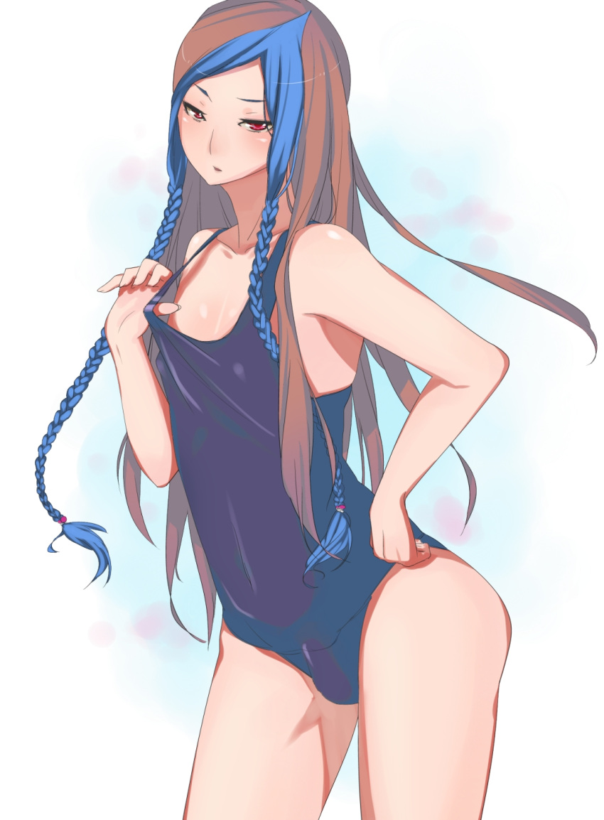 1boy blue_hair blush braid brown_hair bulge crossdressing crossdressing dek highres king_of_fighters long_hair male male_focus multicolored_hair one-piece_swimsuit open_mouth red_eyes school_swimsuit shion_(kof) snk solo swimsuit trap very_long_hair