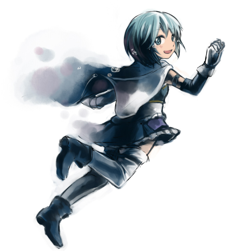 ariori_haberi bad_id bad_pixiv_id blue_eyes blue_hair cape female from_behind gloves looking_at_viewer looking_back magical_girl mahou_shoujo_madoka_magica mahou_shoujo_madoka_magica_(anime) miki_sayaka miki_sayaka_(magical_girl) short_hair skirt smile solo tears thighhighs white_gloves white_thighhighs