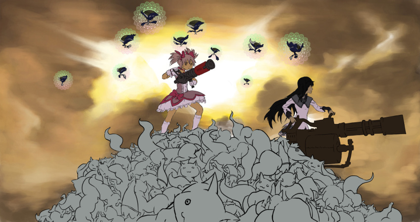 2girls akemi_homura akemi_homura_(magical_girl) arantheus black_hair cloud gatling_gun gun hair_ribbon hairband highres imageboard_desourced kaname_madoka kaname_madoka_(magical_girl) kyuubee long_hair magical_girl mahou_shoujo_madoka_magica mahou_shoujo_madoka_magica_(anime) meet_the_medic minigun multiple_girls non-web_source parody photoshop_(medium) pink_hair ribbon sunlight team_fortress_2 walpurgisnacht_(madoka_magica) weapon