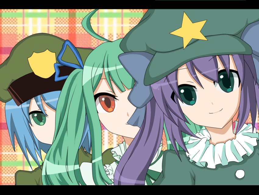 3girls ahoge alternate_form blue_hair commentary_request fake_screenshot green_dam green_eyes green_hair hair_ribbon hat highres letterboxed long_hair multiple_girls multiple_persona oniichan_no_koto_nanka_zenzen_suki_janain_dakara_ne!! os-tan parody personification purple_hair red_eyes ribbon shangyeshen_daren short_hair twintails