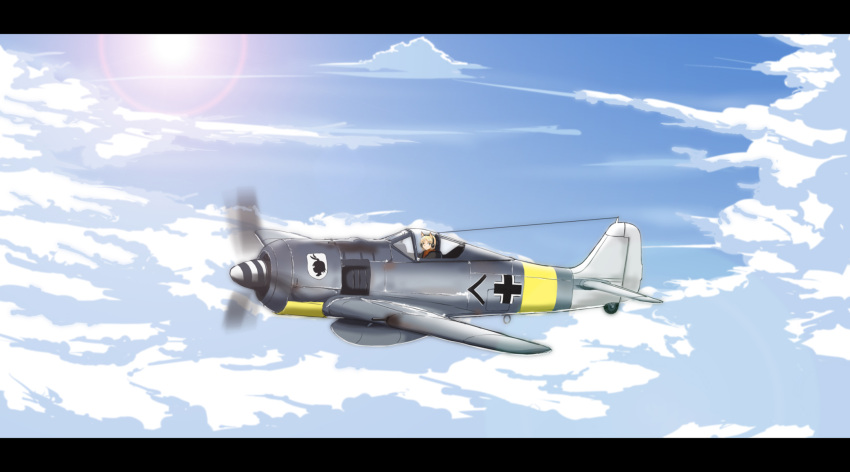 aircraft airplane animal_ears cloud commentary_request day female fw_190 headphones highres hu_sea letterboxed luftwaffe military original photoshop_(medium) sky solo vehicle_focus wehrmacht world_war_ii world_witches_series