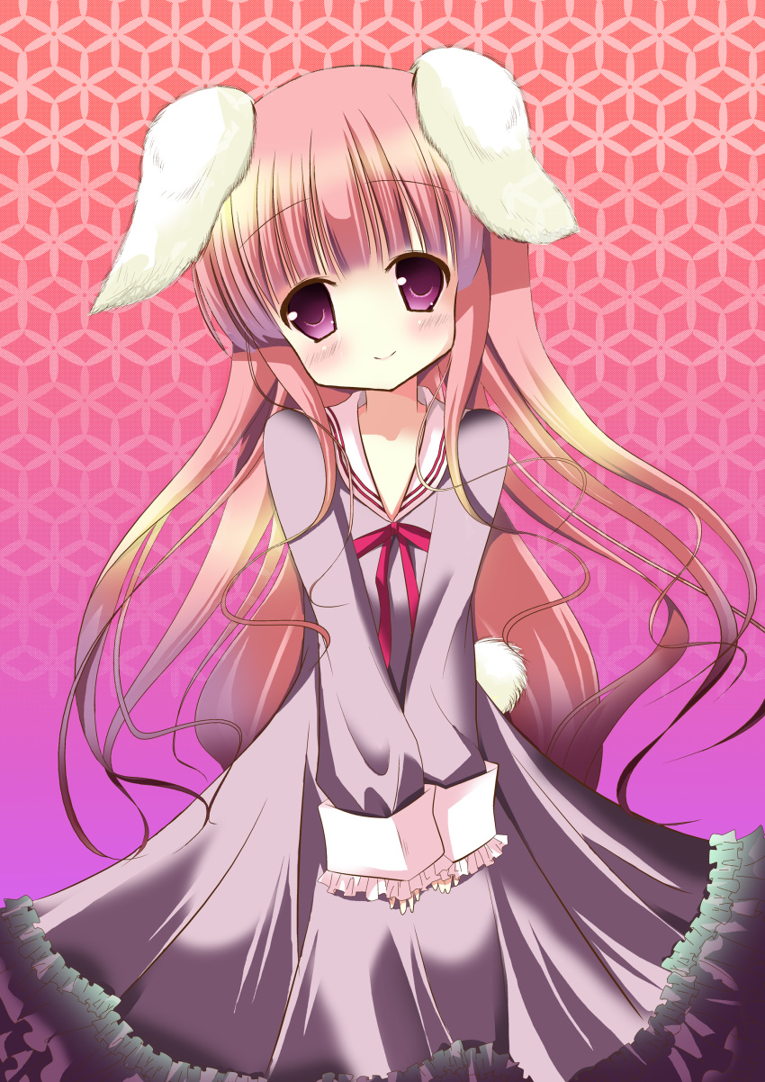 absurdres animal_ears commentary_request dress female hakamada_hinata highres kazuta_(kazutan62) long_hair no_nose pink_eyes pink_hair rabbit_ears rabbit_tail rou-kyuu-bu! sleeves_past_wrists smile solo tail very_long_hair