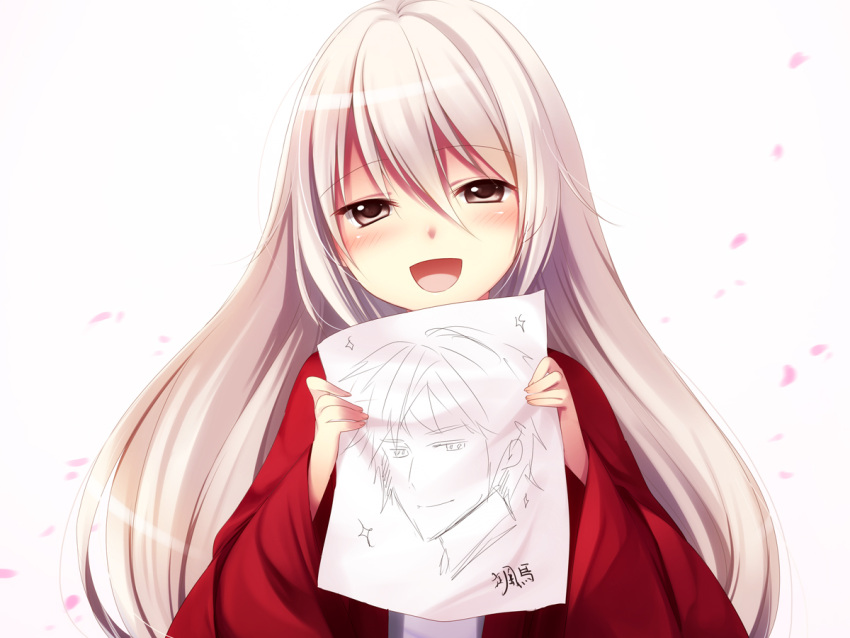 amagi_souma blush brown_eyes commentary_request drawing female itou_nanami japanese_clothes kimono long_hair paper photoshop_(medium) red_kimono sengoku_hime smile solo takeda_shingen_(sengoku_hime) white_hair