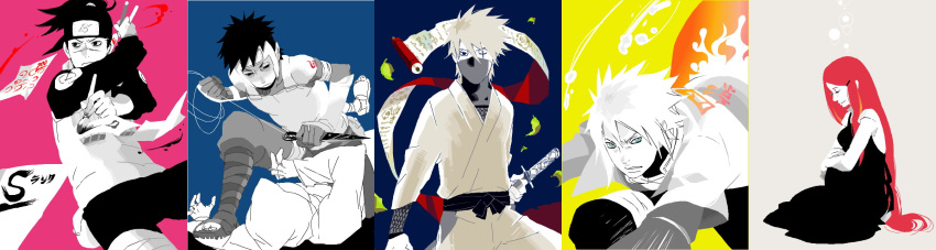 4boys blue_eyes forehead_protector gloves half_mask hatake_kakashi highres kunai long_hair long_image mask md5_mismatch multiple_boys namikaze_minato naruto naruto_shippuuden ninja painting photoshop pncms sandals scar sitting sword umino_iruka uzumaki_kushina vest weapon wide_image yamato yamato_(naruto)