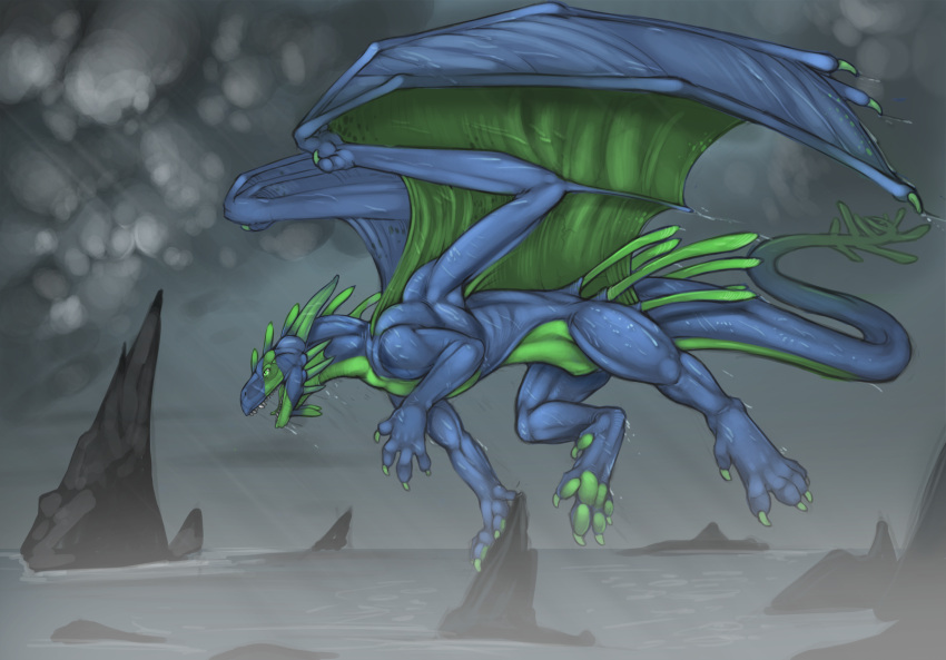 aquatic_dragon blue_body cloud conditional_dnp countershading detailed_background dragon eel feral fish flying green_body green_countershading green_markings hi_res hybrid male marine markings membrane_(anatomy) membranous_wings muscular muscular_feral muscular_male mythological_creature mythological_scalie mythology outside overcast raining rock scalie sea seascape sky solo storm tail tojo_the_thief water wind wings