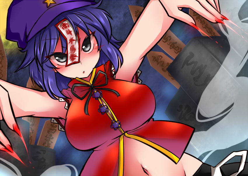 blush breasts colored_eyelashes commentary_request dutch_angle female fingernails graveyard grey_eyes hat hat_ornament highres hokuto_no_ken jiangshi large_breasts long_fingernails midriff miyako_yoshika navel ofuda parody purple_hair roki_(hirokix) short_hair solo sotoba star_(symbol) star_hat_ornament tombstone touhou tsurime upper_body