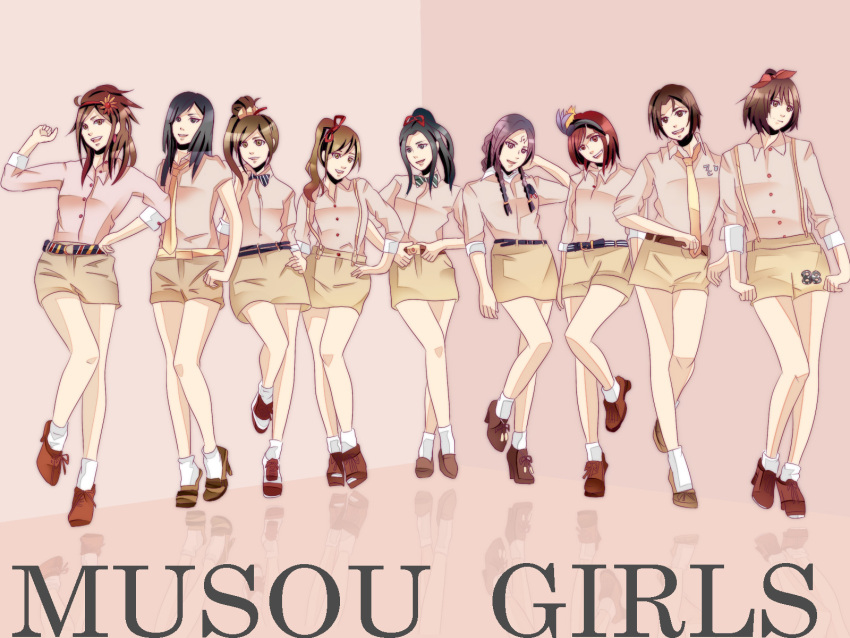 6+girls 9girls a-ru_(pixiv2851651) belt black_eyes black_hair bow bow_tie bowtie braid brown_eyes brown_hair character_request da_ji da_qiao earrings female footwear grin hairband hands_on_hips high_heels highres hosokawa_gracia inahime jewelry kunoichi_(sengoku_musou) long_hair miniskirt multiple_girls musou_orochi necktie oichi pink_ribbon ponytail purple_eyes purple_hair red_eyes red_hair ribbon sangoku_musou sengoku_musou sengoku_musou_2 sengoku_musou_3 shin_sangoku_musou shoes short short_hair skirt smile socks suspenders tachibana_ginchiyo twin_braids white_legwear white_socks xiao_qiao