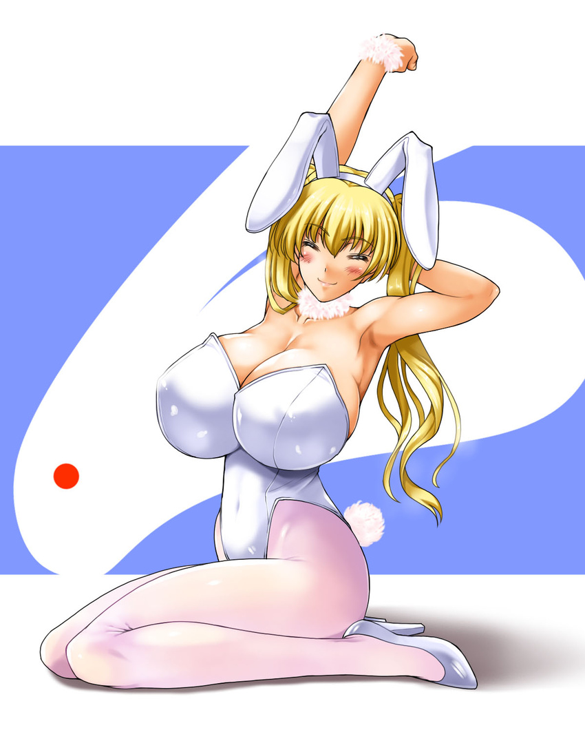 animal_ears armpits blonde_hair breasts cleavage closed_eyes female high_heels highres huge_breasts kamia_(not_found) long_hair matsuoka_kiyone original pantyhose playboy_bunny rabbit_ears shoes sitting solo white_pantyhose