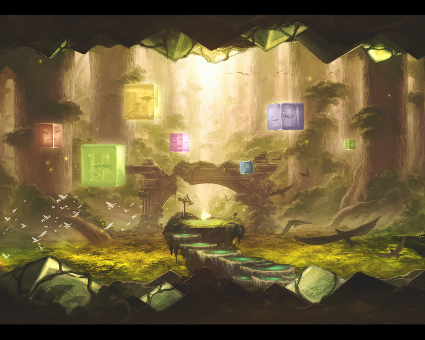 animal bad_id bad_pixiv_id bird chitose_rin cube fantasy female fish fish_tank floating floating_object forest letterboxed light_particles nature original overgrown photoshop_(medium) pillar road_sign ruins scenery sign silhouette tree