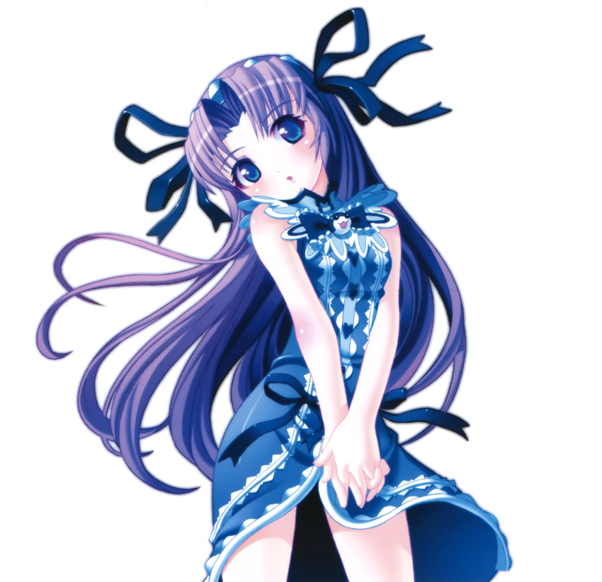 :o blue_dress blue_eyes blush cowboy_shot demonbane dress etheldreda female hair_ribbon head_tilt headdress highres long_hair nishii_(damnedrive) non-web_source official_art own_hands_together photoshop_(medium) purple_hair ribbon simple_background sleeveless sleeveless_dress solo v_arms white_background