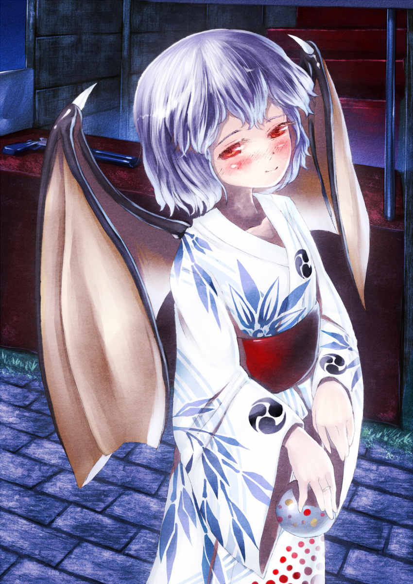 bat_wings blue_hair blush commentary_request female gun highres japanese_clothes kimono red_eyes remilia_scarlet sakimori_dan short_hair solo touhou water_yoyo weapon white_kimono wings yukata