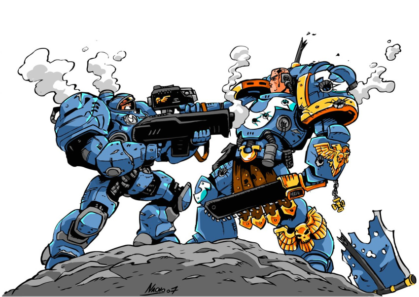 2boys adeptus_astartes armor banner bird blood bolter chains chainsword commentary_request crossover duel eagle explosive flag gauntlets grenade gun handgun helmet male_focus marine_(starcraft) multiple_boys ornate pauldrons power_armor power_fist rifle shoulder_armor skull smoke starcraft sword terran ultramarines video_game visor warhammer_40k weapon wings