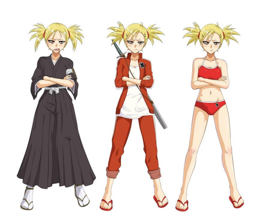 angry bleach blonde_hair blush brown_eyes commentary_request crossed_arms dorimushirou female flat_chest freckles japanese_clothes katana kimono looking_at_viewer multiple_views navel sandals sarugaki_hiyori short_hair short_twintails sleeves_pushed_up sports_bikini swimsuit sword track_suit twintails weapon