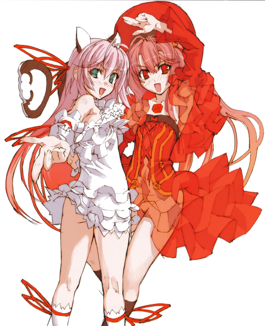 2girls :d absurdres al_azif animal_ears another_blood demonbane fake_animal_ears frills green_eyes hat highres kneepits long_hair long_sleeves looking_back multiple_girls nishii_(damnedrive) oerba_yun_fang open_mouth panties photoshop_(medium) purple_hair red_eyes red_hair see-through simple_background skirt smile underwear wrist_cuffs