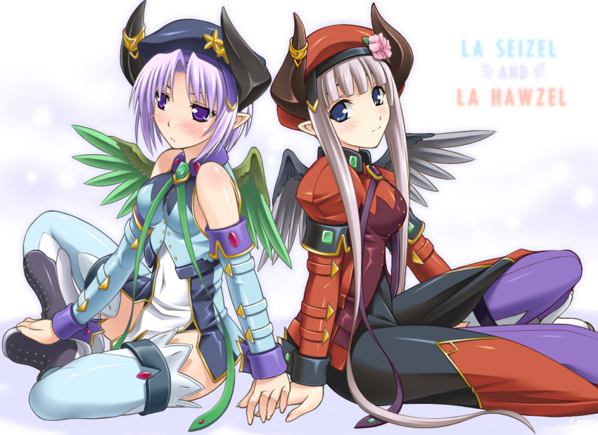 2girls blue_eyes blush breasts commentary_request detached_sleeves embarrassed hand_grab hat horns imari la_hawzel la_seizel long_hair medium_breasts multiple_girls purple_eyes purple_hair rance_(series) siblings sisters smile text_focus thighhighs wings