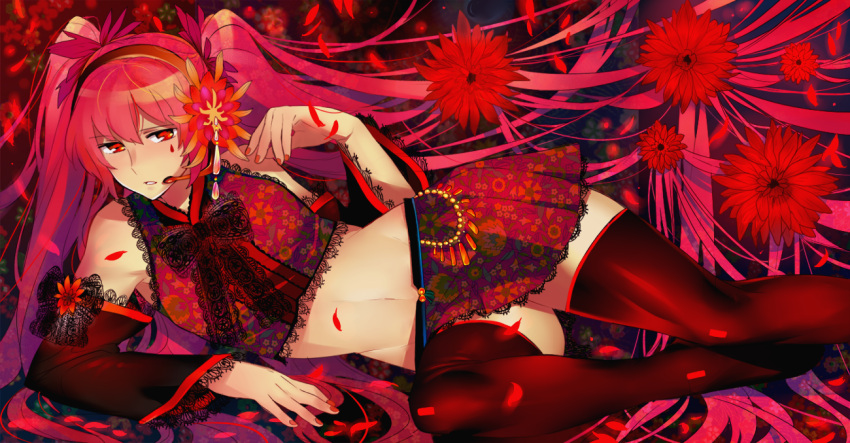 bad_id bad_pixiv_id detached_sleeves female flower hair_flower hair_ornament hatsune_miku headset long_hair lying midriff red_eyes red_hair skirt solo tadataka thighhighs twintails very_long_hair vocaloid