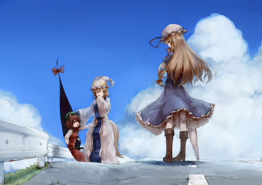 3girls animal_ears animal_hat blonde_hair boots bow brown_eyes brown_footwear brown_hair cat_ears cat_tail chen closed_eyes cloud commentary_request contemporary covering_own_mouth day dress fox_tail frilled_dress frills gap_(touhou) grass guard_rail hair_between_eyes hairbow hat hat_ribbon highres holding junwool knee_boots long_hair long_sleeves looking_at_another looking_back mob_cap multiple_girls multiple_tails neck_ribbon nekomata open_mouth outdoors parasol profile purple_eyes red_bow red_ribbon ribbon road short_hair sky sleeves_past_wrists smile tabard tail tassel touhou umbrella white_legwear wide_sleeves yakumo_ran yakumo_yukari yellow_ribbon