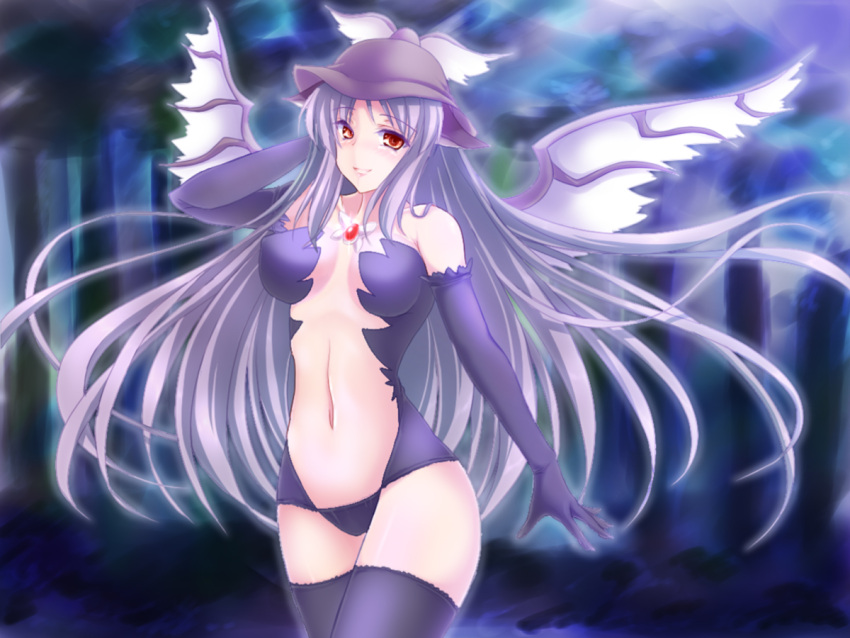 aged_up alternate_breast_size alternate_costume alternate_hairstyle animal_ears black_gloves black_thighhighs breasts commentary_request elbow_gloves female gloves hat large_breasts light_purple_hair long_hair mystia_lorelei navel negamaro red_eyes smile solo thighhighs touhou very_long_hair wings