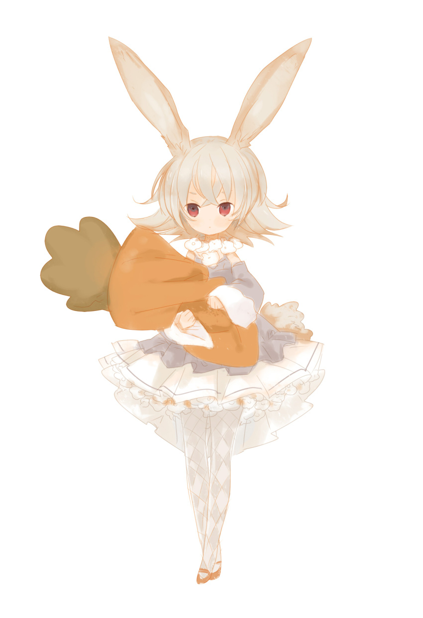 animal_ears argyle_clothes argyle_legwear bad_id bad_pixiv_id bear_(artist) carrot carrot-shaped_pillow dress female highres holding mary_janes original pantyhose pillow rabbit_ears red_eyes shoes short_hair silver_hair solo