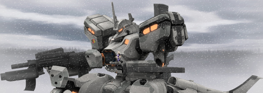 assault_visor bodysuit commentary_request female fortified_suit gun highres irisdina_bernhard long_hair mecha mig-21_balalaika_(muv-luv) muv-luv muv-luv_alternative no_humans orange_visor pilot_suit robot scharfschutze schwarzesmarken science_fiction snow tactical_surface_fighter weapon