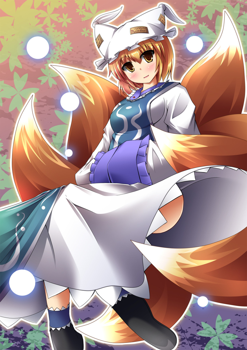 animal_ears blonde_hair breasts commentary_request female fox_ears fox_tail hat highres liya medium_breasts photoshop_(medium) solo tail touhou yakumo_ran yellow_eyes