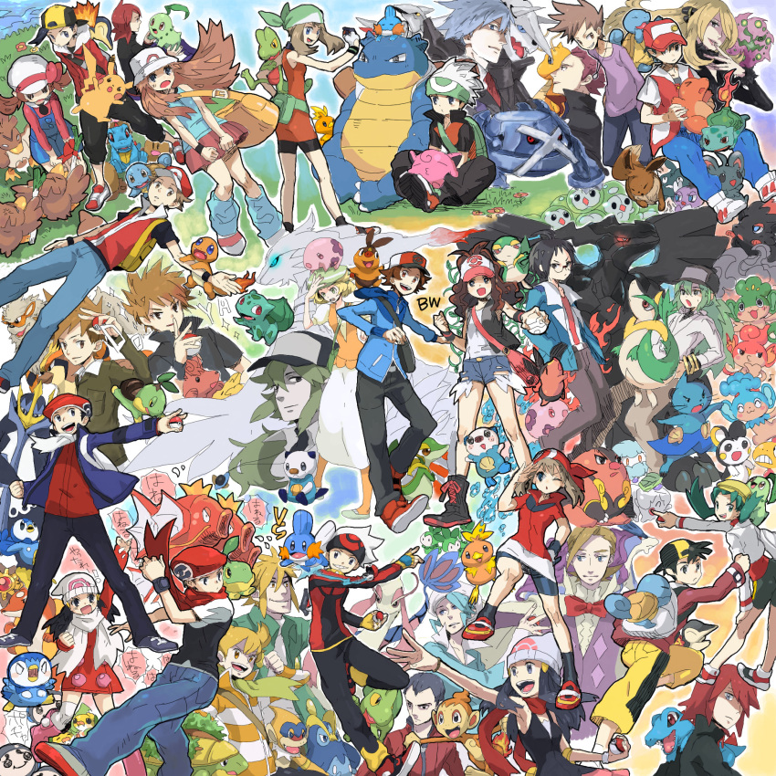 absolutely_everyone absudres absurdres aggron arcanine bel_(pokemon) blastoise blue_(pokemon) bulbasaur charmander cheren_(pokemon) chikorita chimchar cottonee crystal_(pokemon) cyndaquil dawn_(pokemon) dewott diamond_(pokemon) diglett dragonite dual_persona eevee emolga empoleon epic everyone farfetch'd fire flame floatzel gold_(pokemon) gothita grotle haruka_(pokemon) hat hibiki_(pokemon) highres jigglypuff kotone_(pokemon) kurotsugu_(pokemon) leaf_(pokemon) litwick magikarp metagross mikuri_(pokemon) milotic minaki_(pokemon) minccino monferno mudkip munna n_(pokemon) nintendo ookido_green oshawott panpour pansage pansear pearl_(pokemon) petilil pidgeot pignite pikachu poke_ball pokeball pokemon pokemon_(game) pokemon_black_and_white pokemon_bw pokemon_crystal pokemon_diamond_and_pearl pokemon_dppt pokemon_emerald pokemon_firered_and_leafgreen pokemon_gold_and_silver pokemon_gsc pokemon_heartgold_and_soulsilver pokemon_hgss pokemon_platinum pokemon_red_and_green pokemon_rgby pokemon_rse pokemon_ruby_and_sapphire prinplup red_(pokemon) reshiram ruby_(pokemon) scarf scrafty senri_(pokemon) servine sewaddle shirona_(pokemon) silver_(pokemon) snivy solosis spiritomb squirtle starmie suicune tepig torchic totodile touko_(pokemon) touya_(pokemon) treecko trubbish tsuwabuki_daigo turtwig tympole vulpix wataru_(pokemon) zekrom zorua