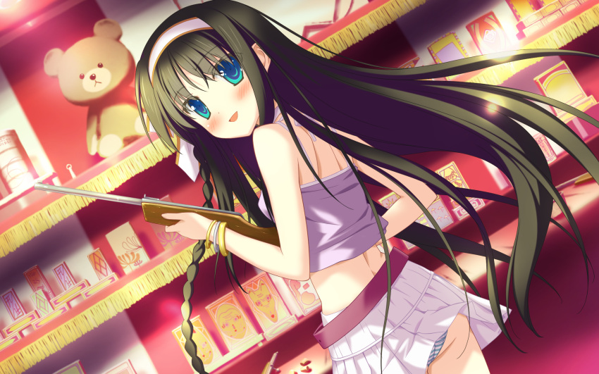 belt black_hair blue_eyes braid female game_cg gun hair_ribbon highres holding holding_gun holding_weapon irotoridori_no_sekai kisaragi_mio_(irotoridori_no_sekai) long_hair looking_at_viewer panties ribbon shida_kazuhiro skirt solo striped_clothes striped_panties stuffed_animal stuffed_toy teddy_bear underwear weapon white_skirt