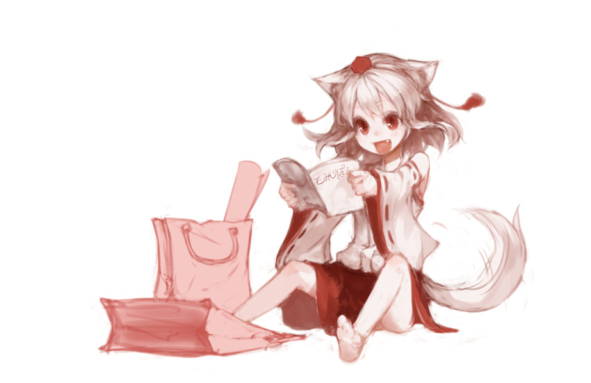 animal_ears bag bare_legs barefoot book commentary_request detached_sleeves feet female happy hat inubashiri_momiji junwool long_sleeves monochrome oerba_yun_fang open_mouth reading red_eyes shopping_bag sitting smile solo spot_color tail tokin_hat touhou white_hair wolf_ears wolf_tail