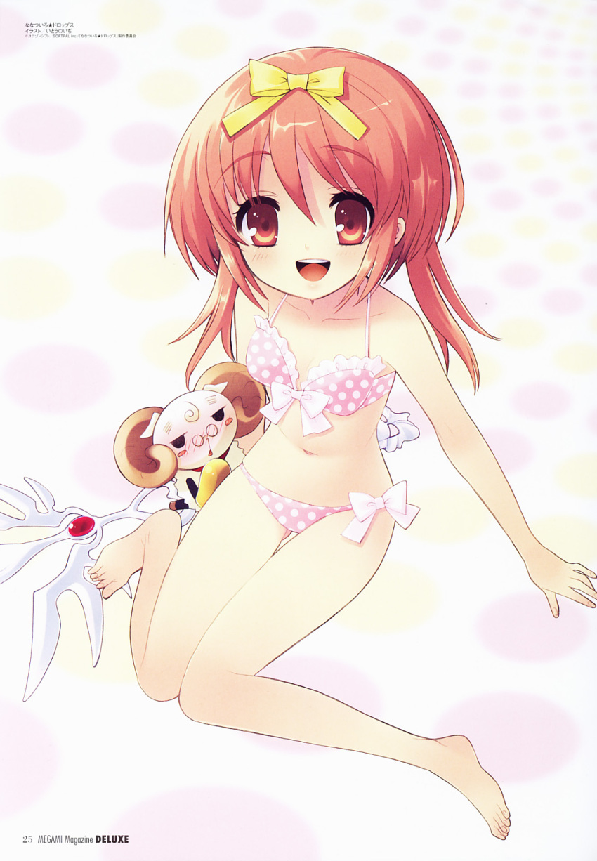 :d akihime_sumomo ass_visible_through_thighs bad_link barefoot bikini bow bow_bikini feet female flat_chest front-tie_top hairbow highres ito_noizi looking_at_viewer megami_magazine megami_magazine_deluxe nanatsuiro_drops navel official_art open_mouth pink_bikini polka_dot polka_dot_bikini red_eyes red_hair ribbon scan sheep side-tie_bikini_bottom sitting smile solo swimsuit thigh_gap wariza yuki-chan