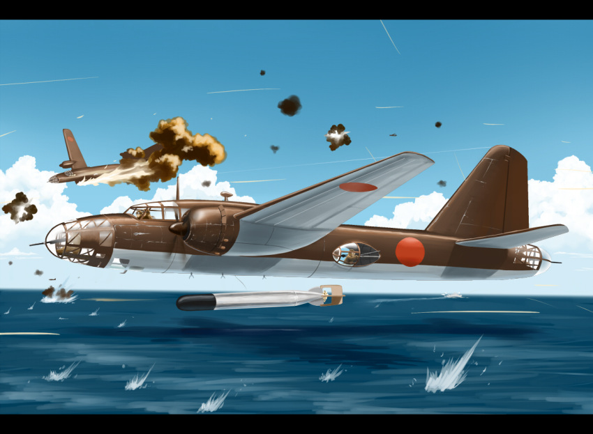 aerial_battle aircraft airplane battle bomber commentary_request copyright_request damaged day fire ki-67 letterboxed military military_vehicle no_humans shoki_(tel) sky smoke torpedo vehicle_focus water world_war_ii