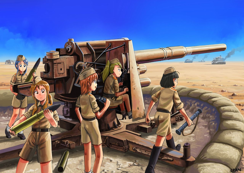 5girls 88_flak afrika_korps ammunition artillery binoculars black_hair blonde_hair blue_hair boots cannon caterpillar_tracks commentary_request desert garrison_cap glasses gyan_(akenosuisei) hat m4_sherman medium_tank military military_hat military_uniform military_vehicle motor_vehicle multiple_girls orange_hair original ponytail range_finder sandbag shorts sleeves_rolled_up smile smoke tank uniform war world_war_ii