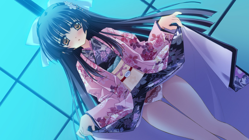 black_hair blush bow cube_(alma) dutch_angle female flower game_cg hair_flower hair_ornament hairbow japanese_clothes kakyouin_kotone kimi_to_boku_to_eden_no_ringo kimono long_hair long_sleeves looking_at_viewer obi official_art panties photoshop_(medium) sash solo standing underwear yellow_eyes