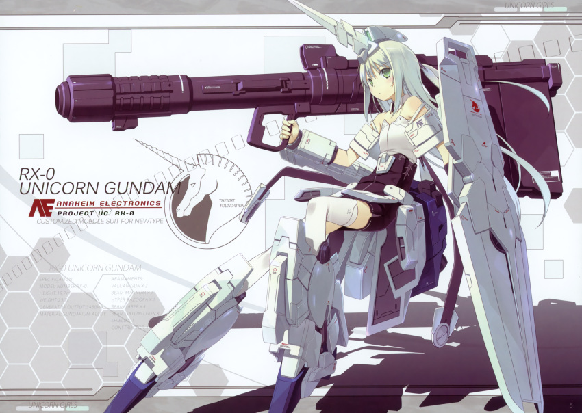 absurdres bare_shoulders bazooka blush dress female flat_chest green_eyes grenade_launcher gundam gundam_unicorn highres horn long_hair mecha_musume personification poco_(asahi_age) poko shield solo thighhighs unicorn_gundam weapon white_hair white_legwear