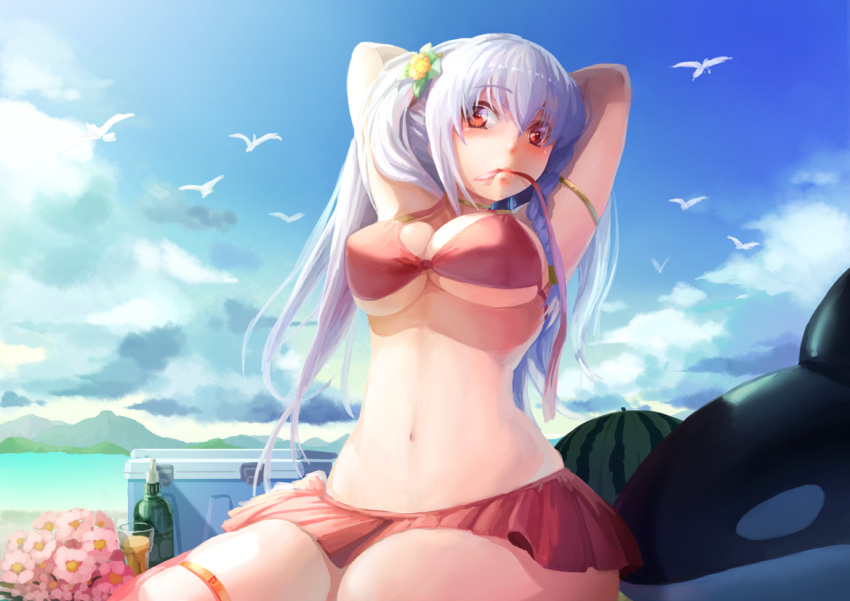 armband arms_behind_head arms_up bad_id bad_pixiv_id bikini bikini_skirt bird blush breasts cloud cooler day female flower food fruit hair_flower hair_ornament hokuto_(hokuto_pk) inflatable_orca inflatable_toy large_breasts long_hair mouth_hold navel ocean original outdoors red_eyes sitting sky solo swimsuit underboob watermelon white_hair