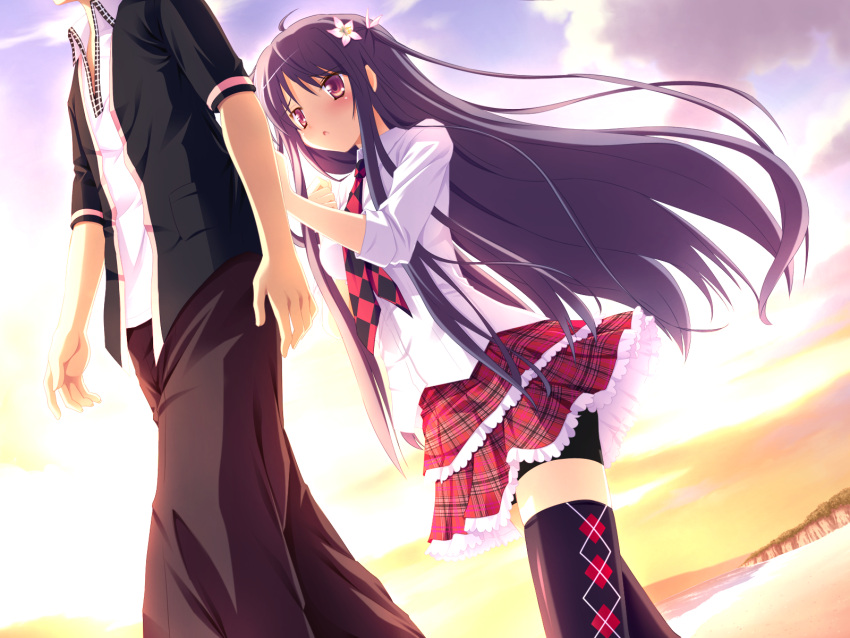 black_hair game_cg kibitsumiya_akari long_hair nimura_yuushi oni_gokko skirt thighhighs tie zettai_ryouiki