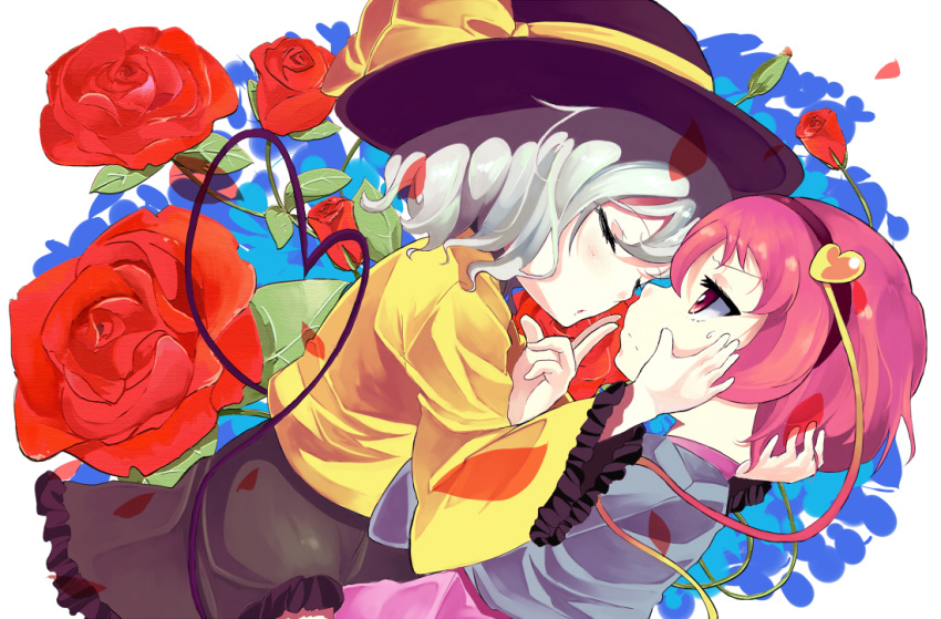 2girls closed_eyes commentary_request dutch_angle face-to-face flower grey_hair hairband hand_on_another's_face hat heart hidejiu imminent_kiss incest komeiji_koishi komeiji_satori multiple_girls petals pink_hair rose short_hair siblings sisters sweatdrop touhou yuri