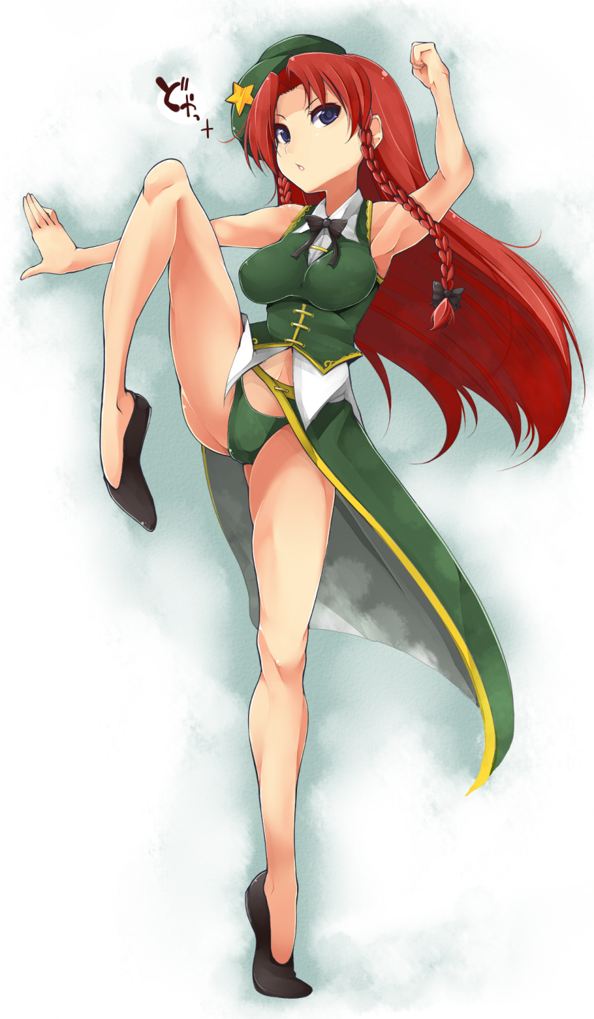 arm_up bad_id bad_pixiv_id beret blue_eyes braid female fighting_stance green_panties hat highres hong_meiling leg_lift leg_up long_hair midriff outstretched_arm panties red_hair shachi_kamaboko shirt side_slit skirt skirt_set solo standing standing_on_one_leg star_(symbol) touhou twin_braids underwear