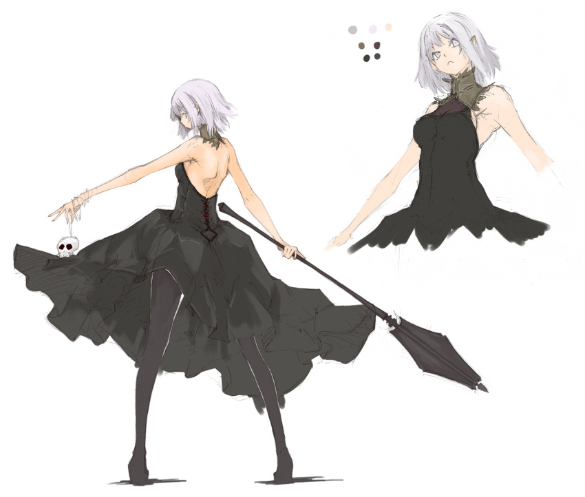 :< back bad_id bad_pixiv_id black_dress dress elf female from_behind light_purple_hair mace multiple_views original outstretched_arm pantyhose photoshop_(medium) pointy_ears polearm short_hair skull sleeveless standing weapon zutta